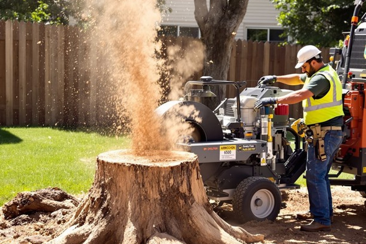 Grinding exposed stump roots near a residential lawn in Cherokee County Georgia