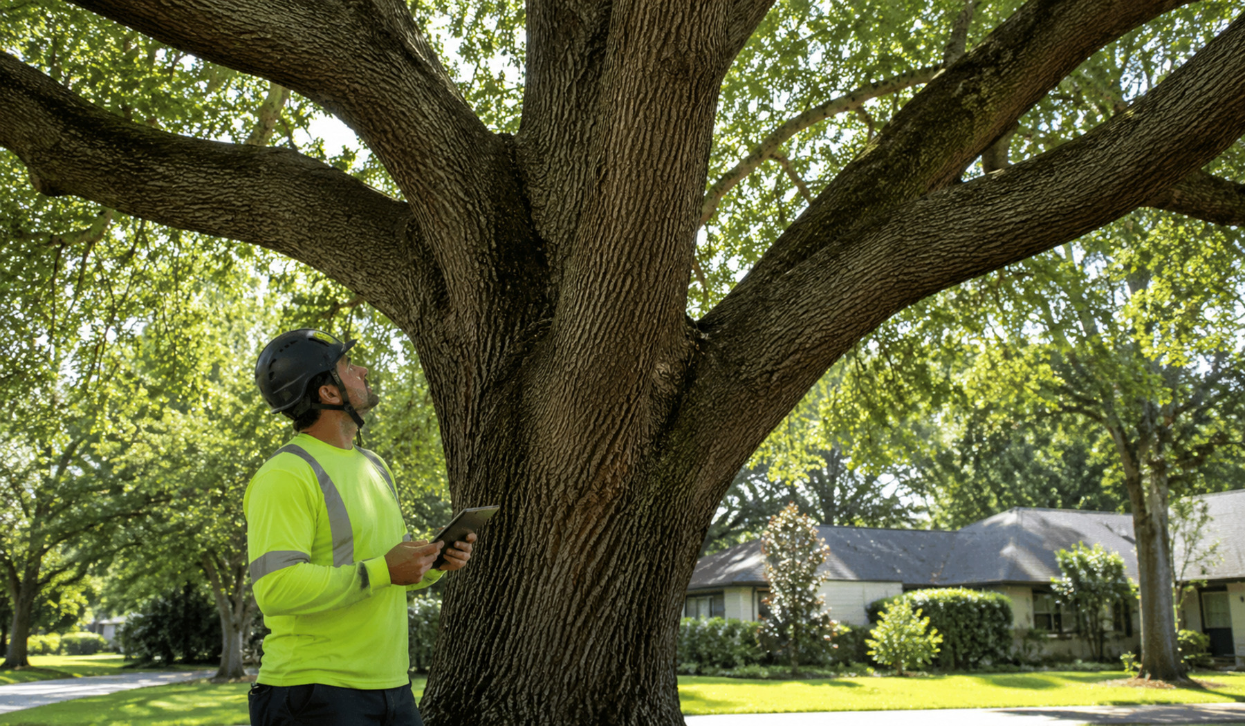 Tree worker evaluating a large structural limb during a risk assessment