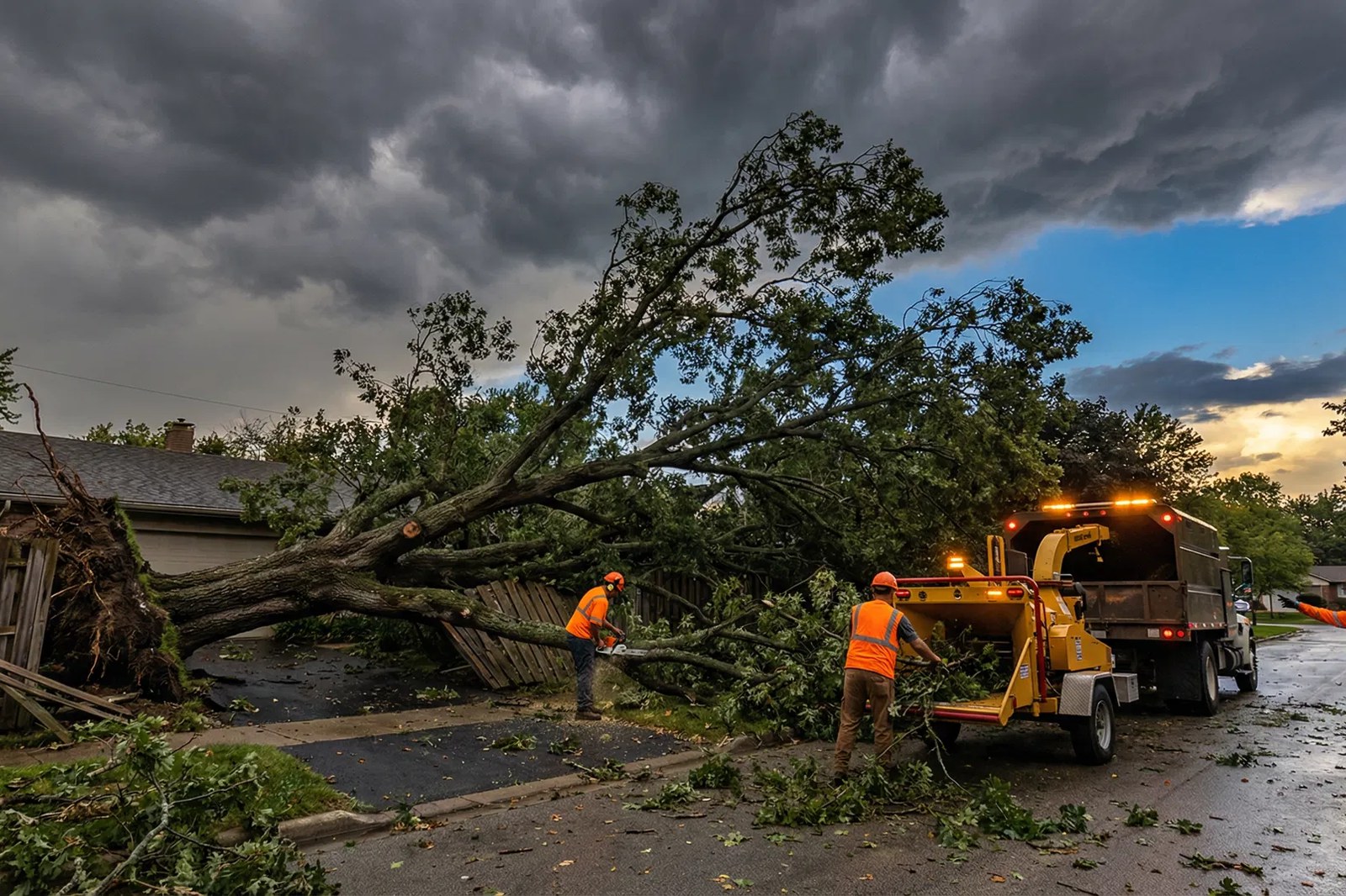 Tree service crew responding to a fallen storm-damaged tree