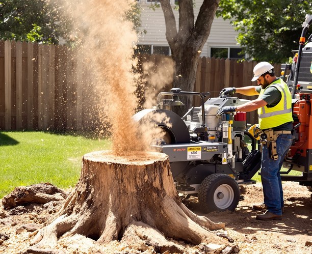 Stump grinding machine grinding down a tree stump
