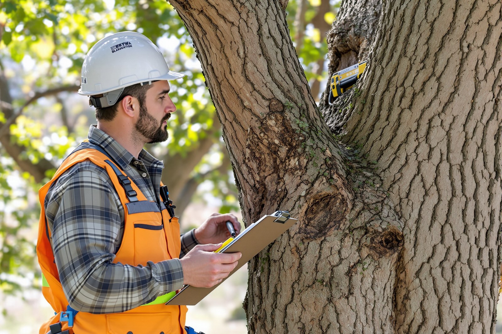 Tree specialist evaluating a mature tree for safety risks in Cherokee County Georgia