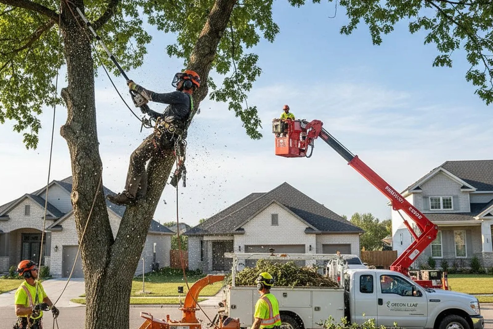 Tree service worker trimming branches with a chainsaw